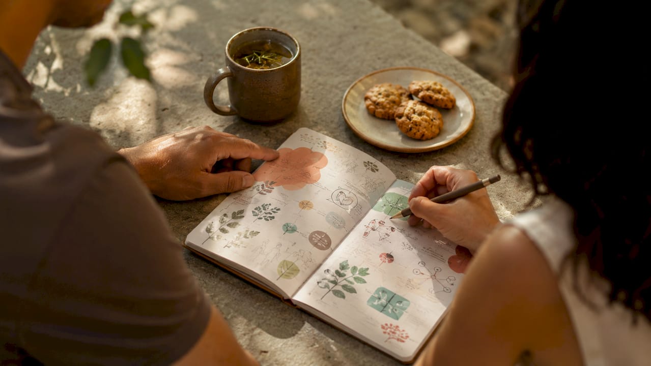 Couple jointly writing notes to resolve conflict
