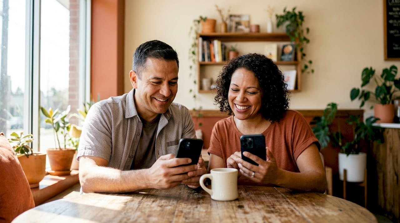Couple using smartphones to communicate at home