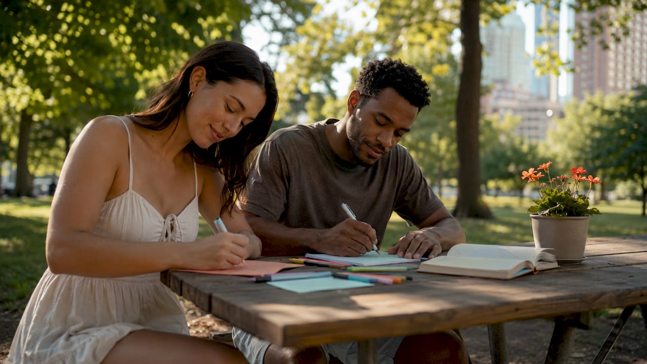 Couple writing handwritten affection notes at table