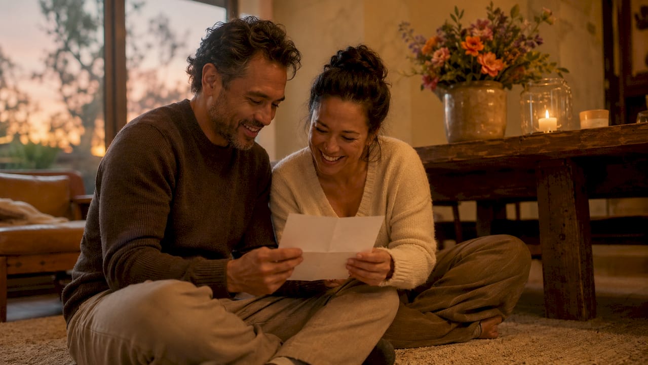 Couple reading handwritten affection message on couch