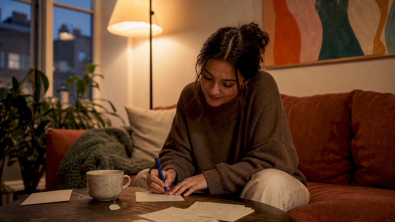 Woman writing thoughtful message at home table