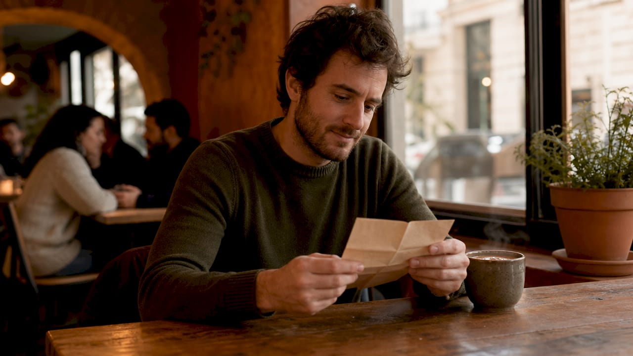 Man holding handwritten love note outdoors