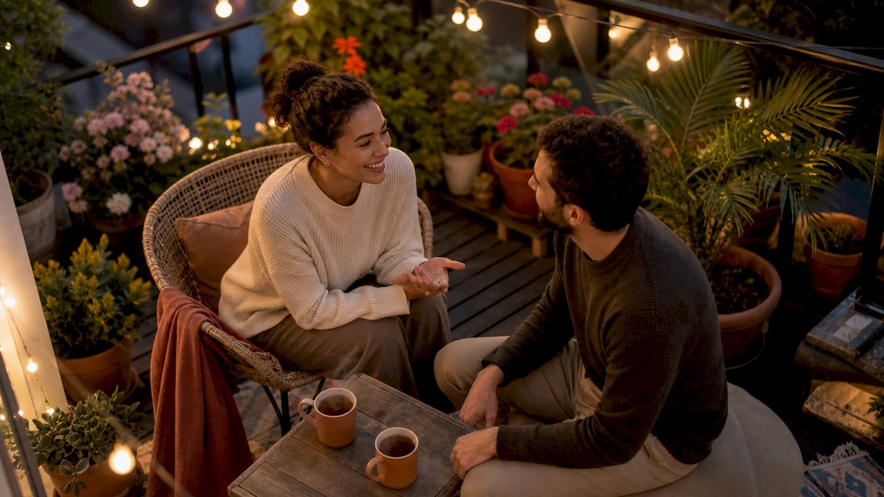 Couple sharing verbal appreciation on couch