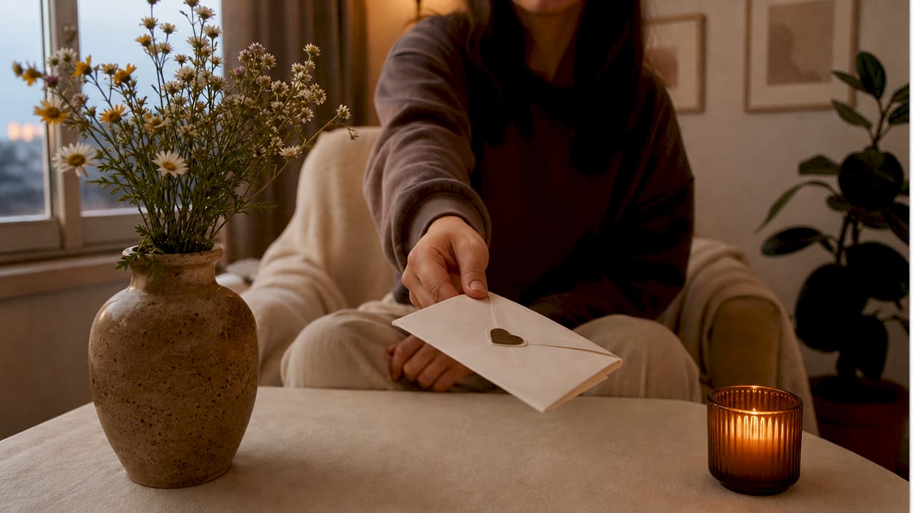 Hand offering handwritten love note on table