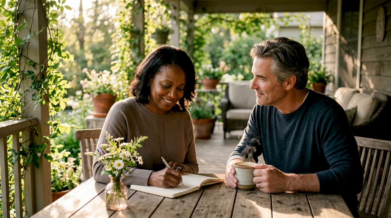 Couple at table writing and sharing love notes