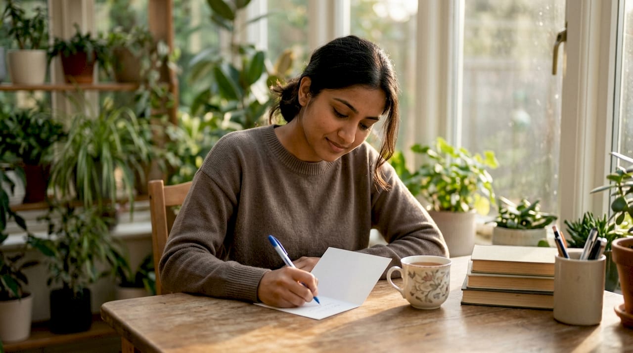 Woman writing loving message at café table