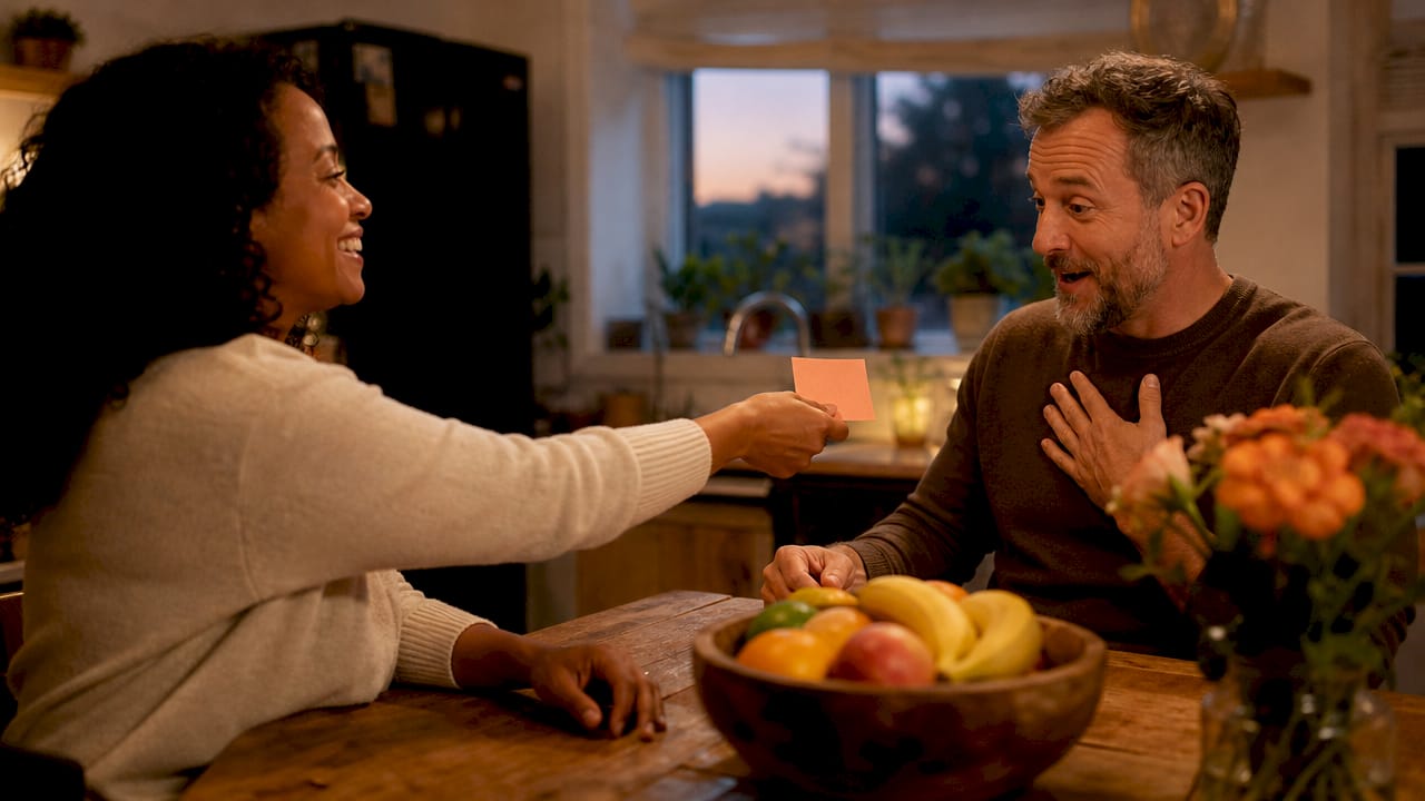 Couple sharing affectionate sticky notes at home