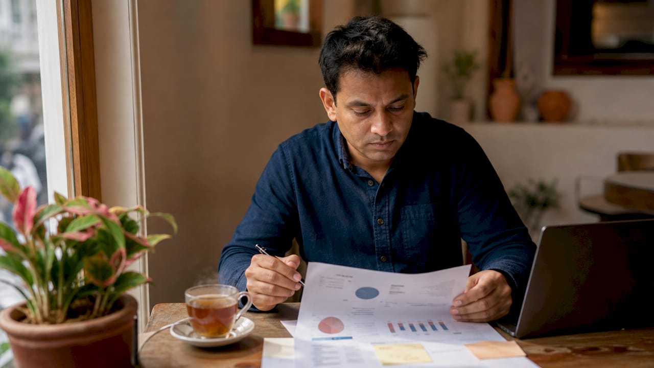 Analyst examining AI relationship data printouts