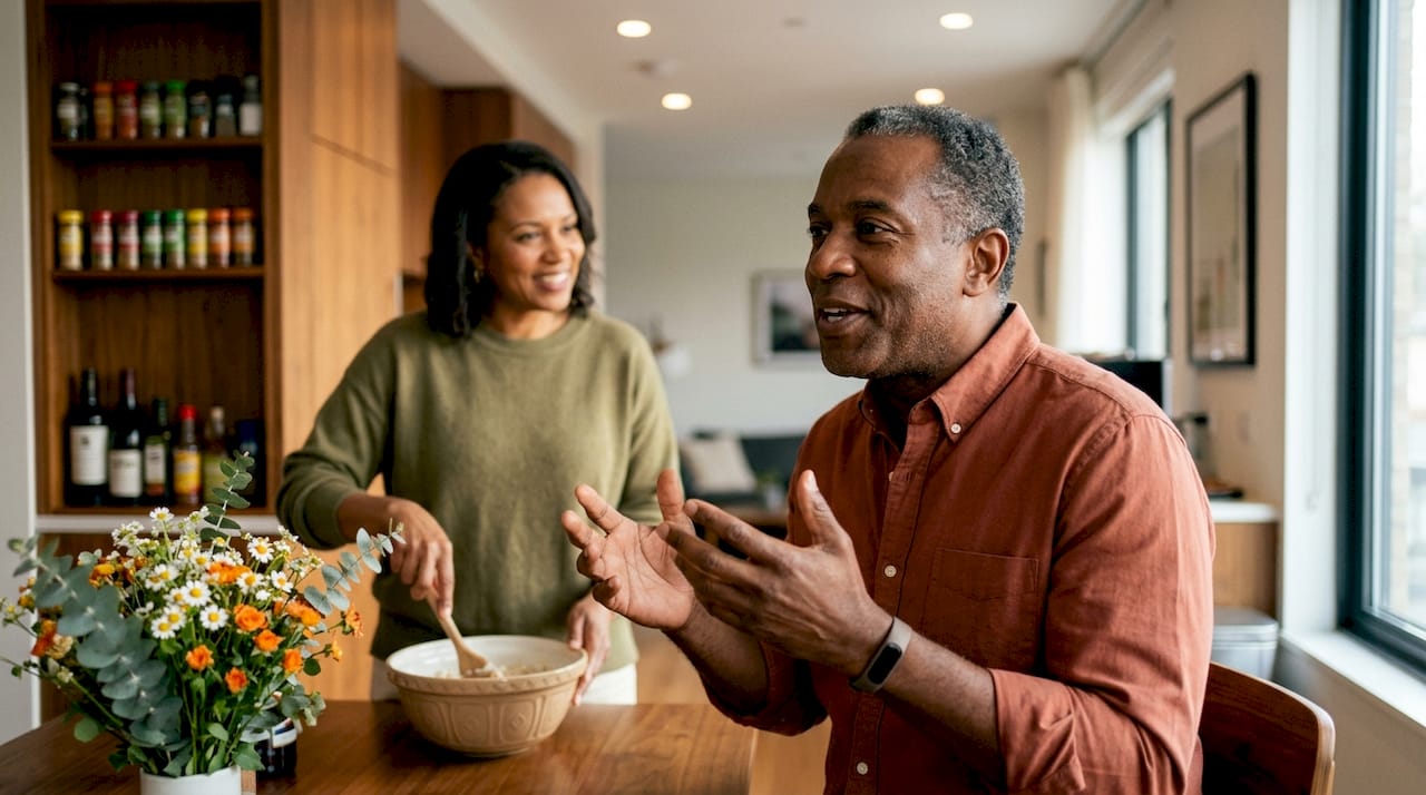 Man giving verbal appreciation in kitchen