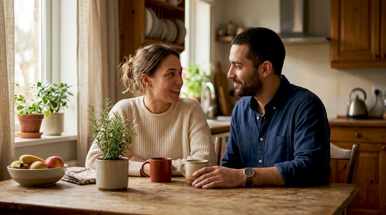 Couple expressing appreciation sitting on couch
