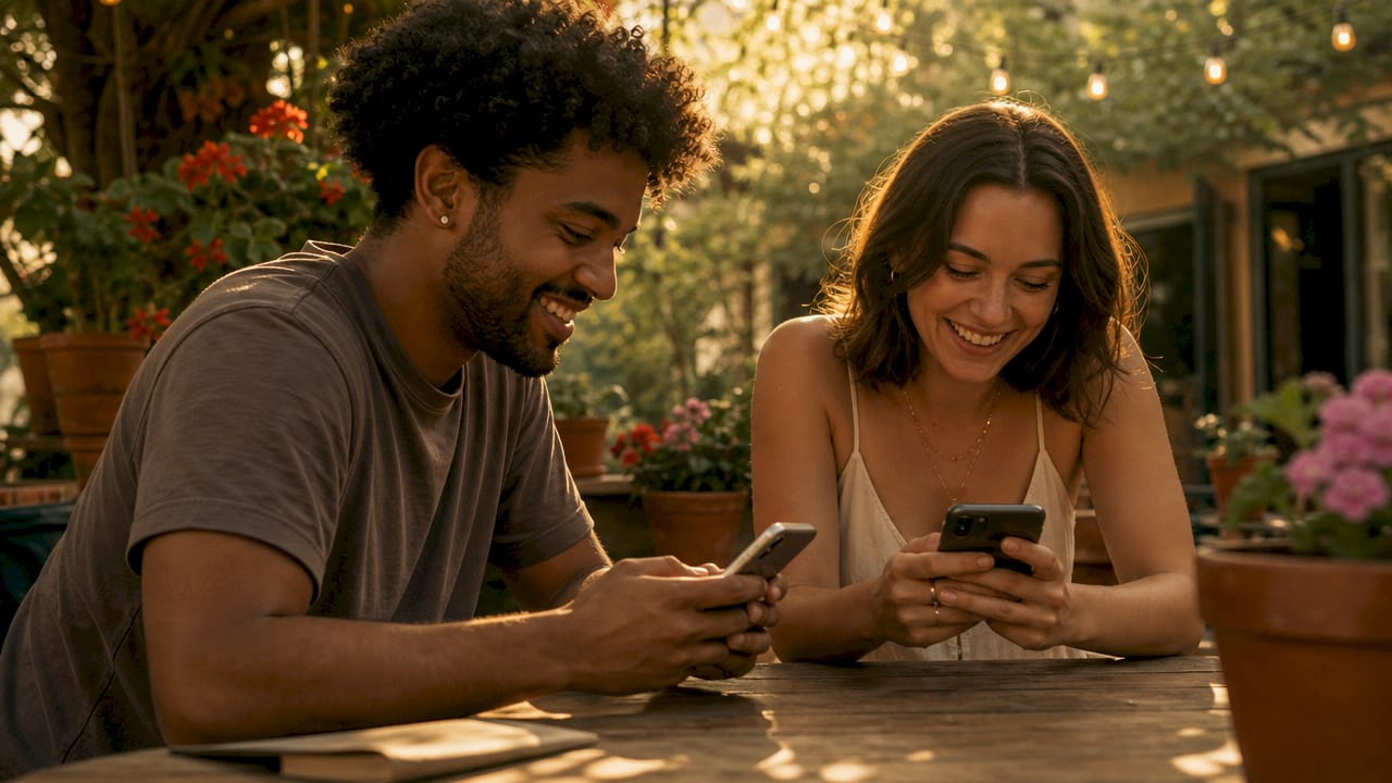 Couple exchanging digital love notes on phones