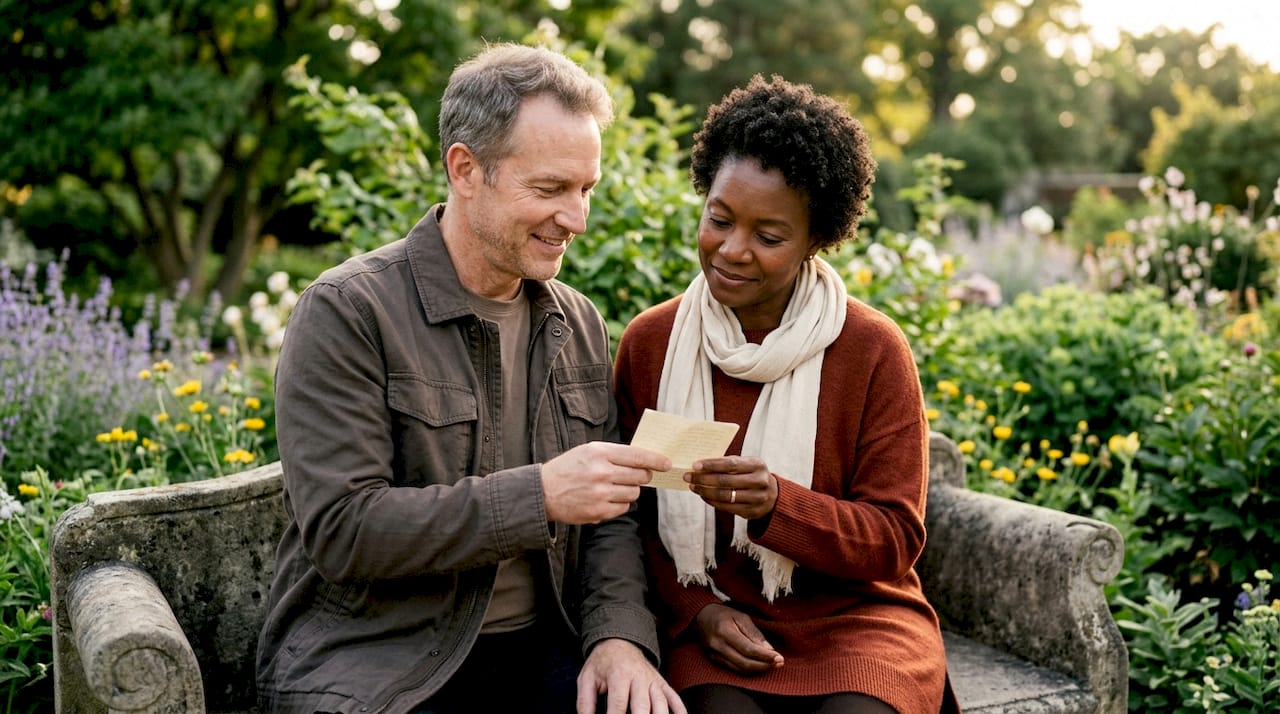 Couple exchanging love notes on park bench
