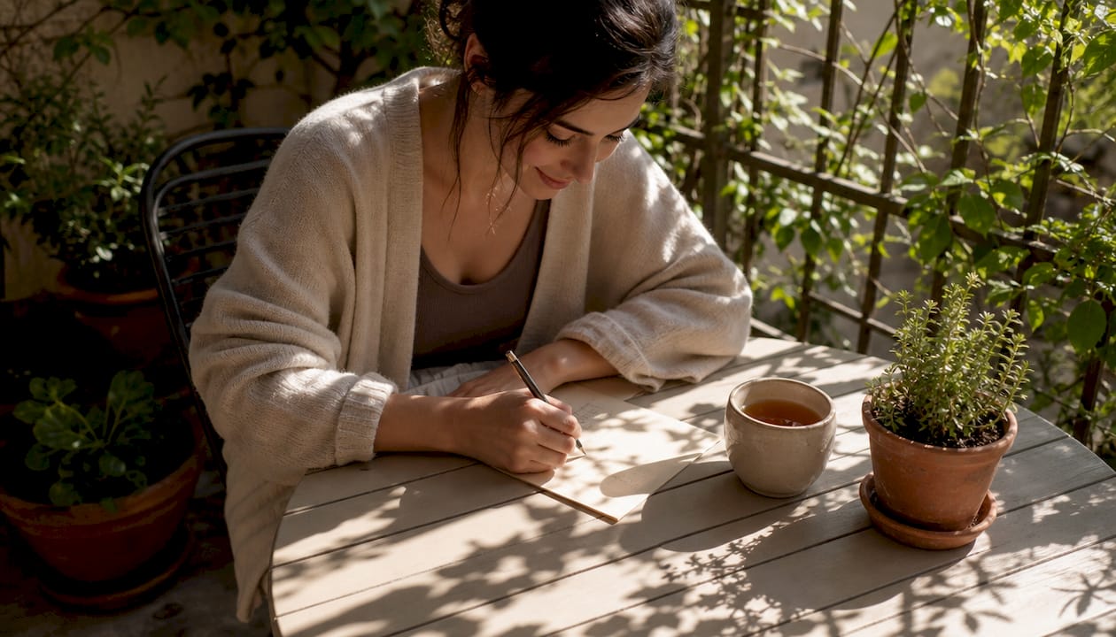 Woman writing a surprise love note at kitchen table