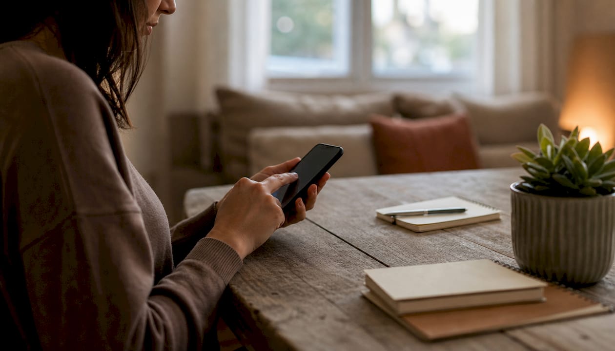 Hands typing reminder on smartphone at kitchen table