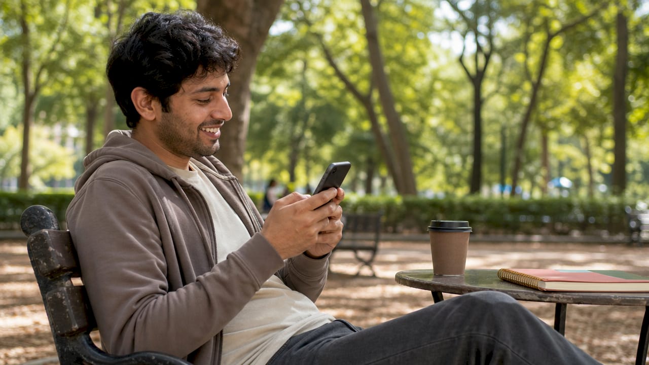 Man smiling at unexpected spontaneous message