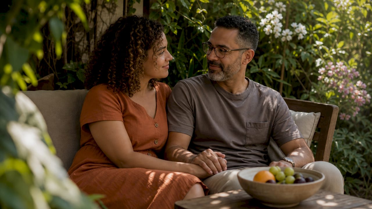 Couple sharing a thoughtful compliment on couch