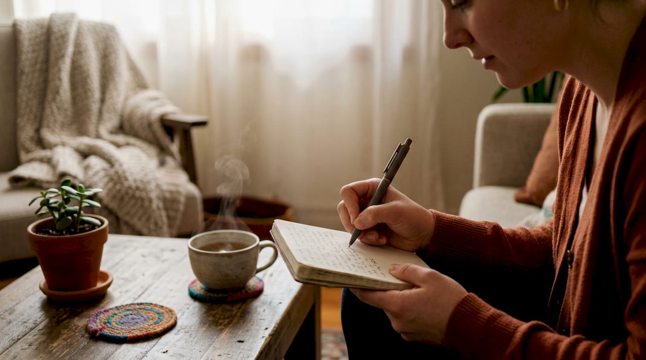 Person writing compliment notes in café notebook