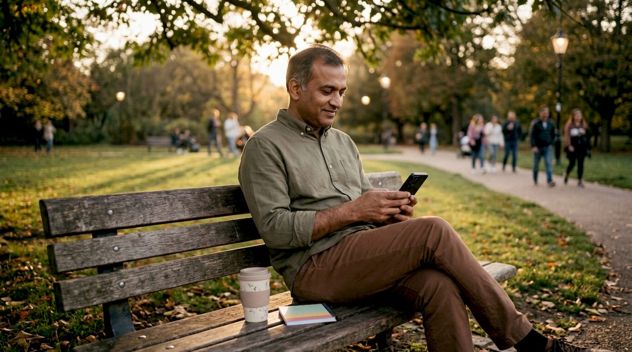 Man texting affectionate message outdoors at café