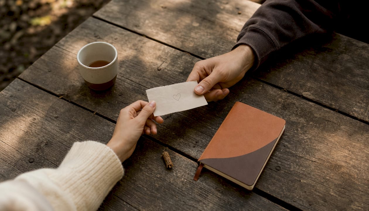 Close-up hands exchanging affectionate note
