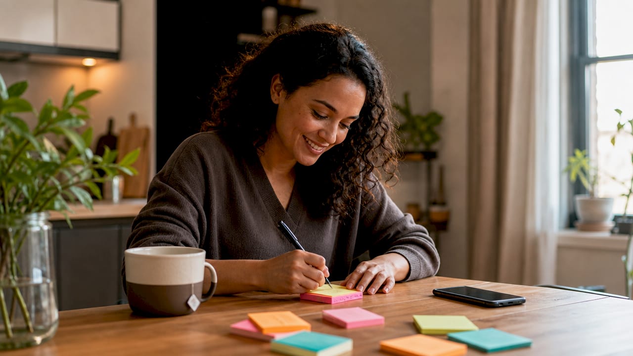 Woman writing affectionate sticky note at kitchen table