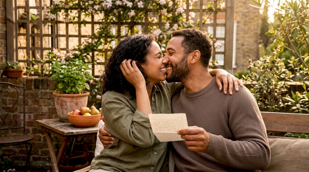 Couple sharing hug and affectionate note on couch