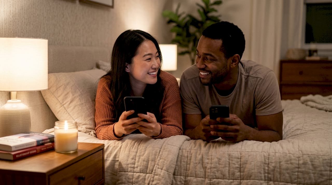 Couple texting quick love messages at home