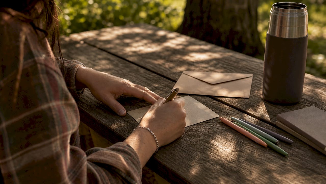 Hands writing a short love note on notecard