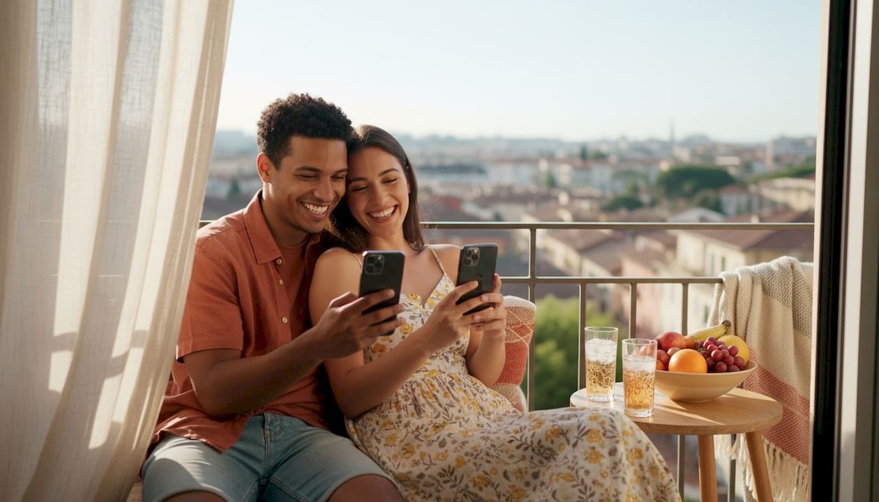 Couple exchanging love messages on phones