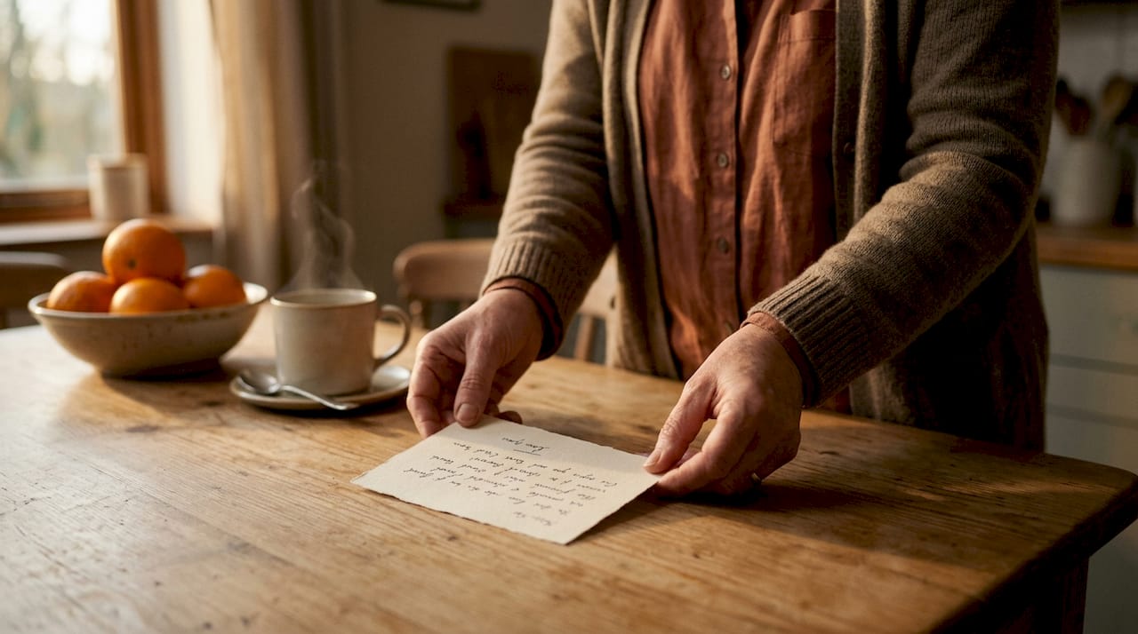 Hands placing love note on kitchen refrigerator