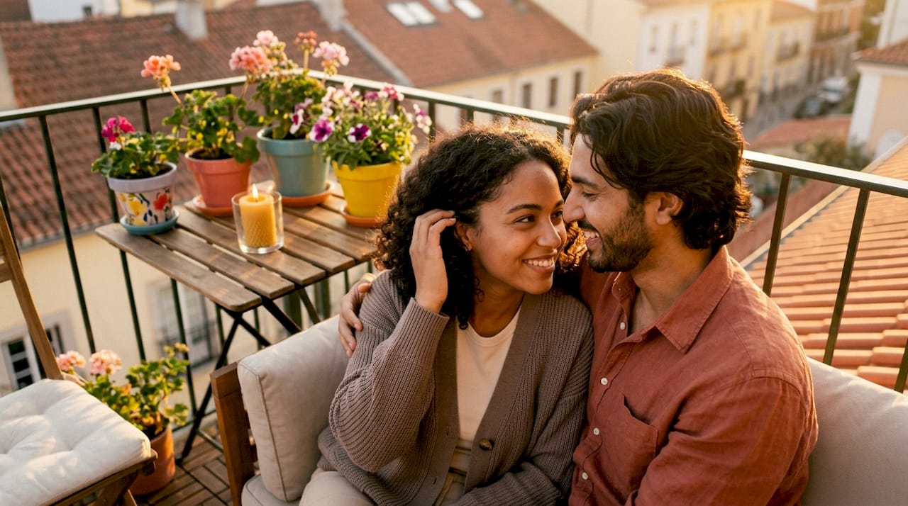 Couple sharing small affectionate gesture on couch