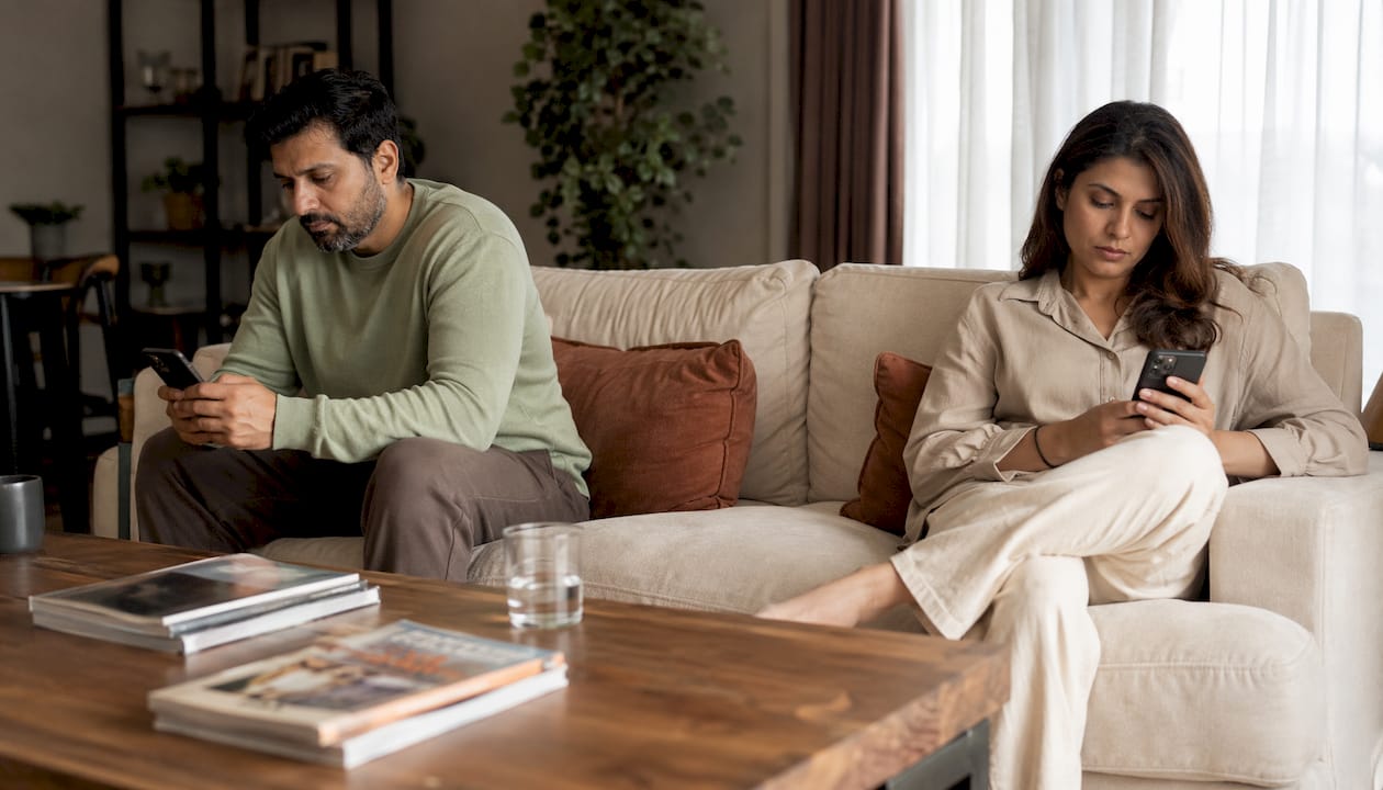 Couple showing tension near phones on table