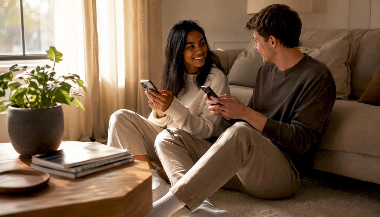 Couple exchanging messages on couch