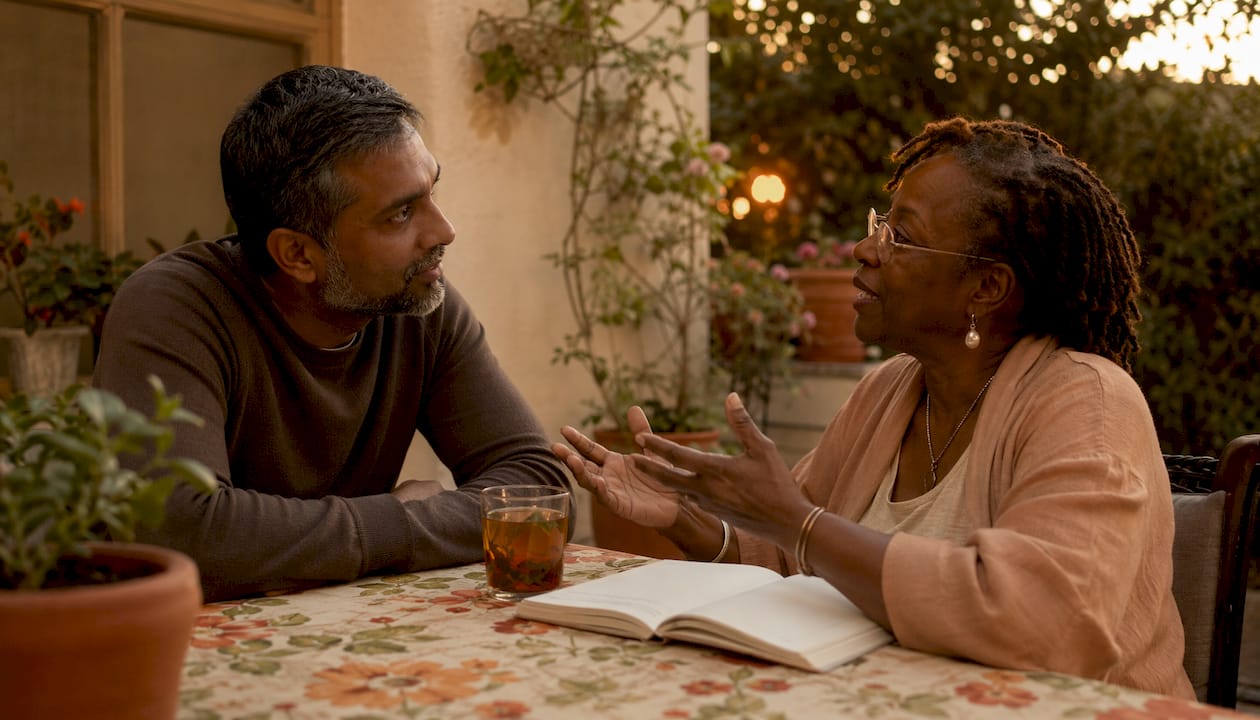 Partners engaged in active listening at kitchen table