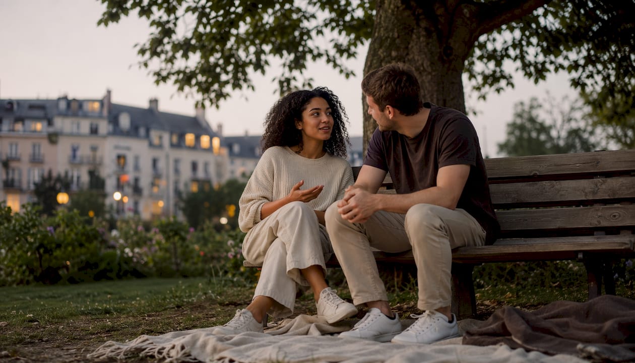 Couple sharing personal story on sofa