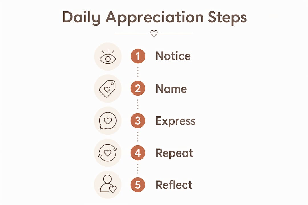 Infographic illustrating daily appreciation steps in relationships
