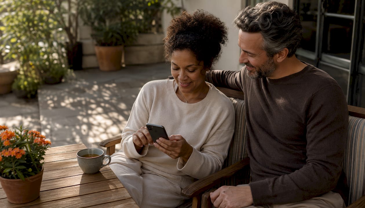 Couple sharing affectionate digital message at home