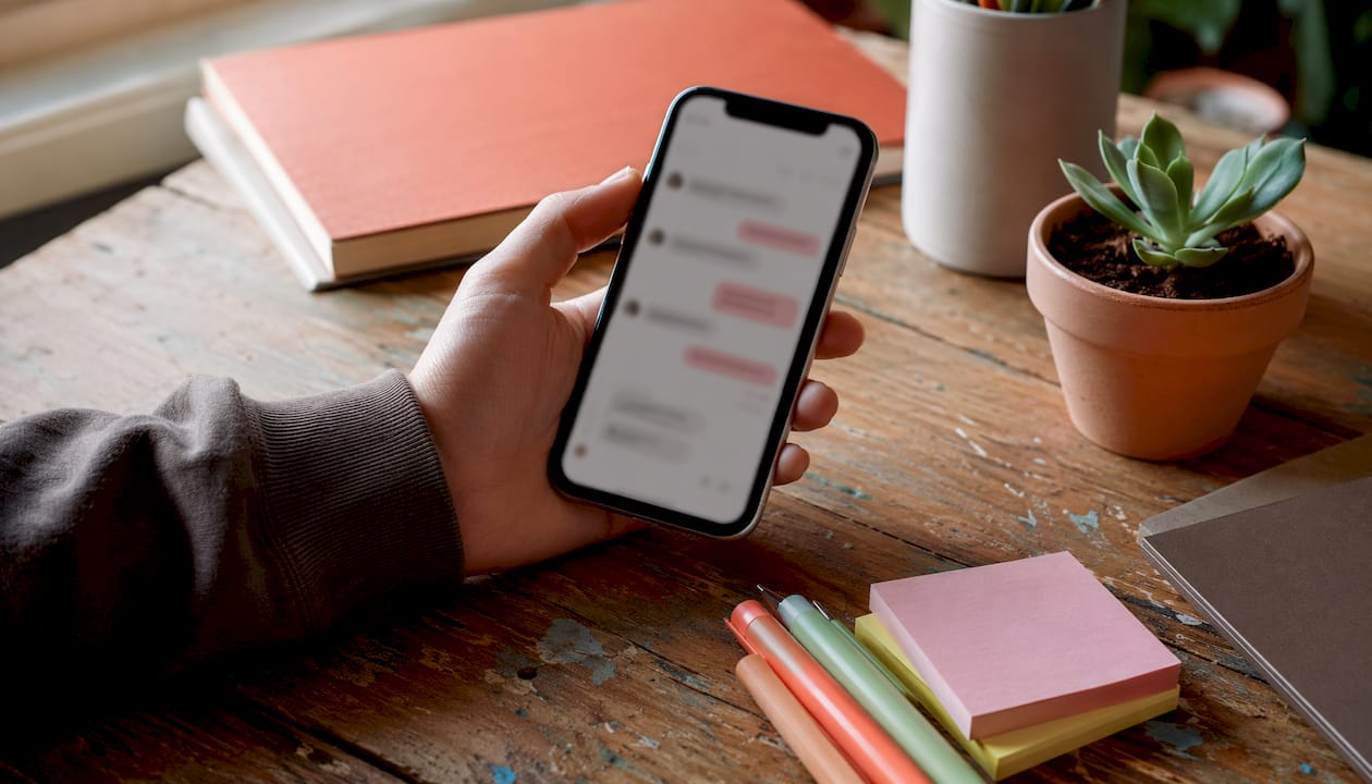 Hand holding phone showing messaging app