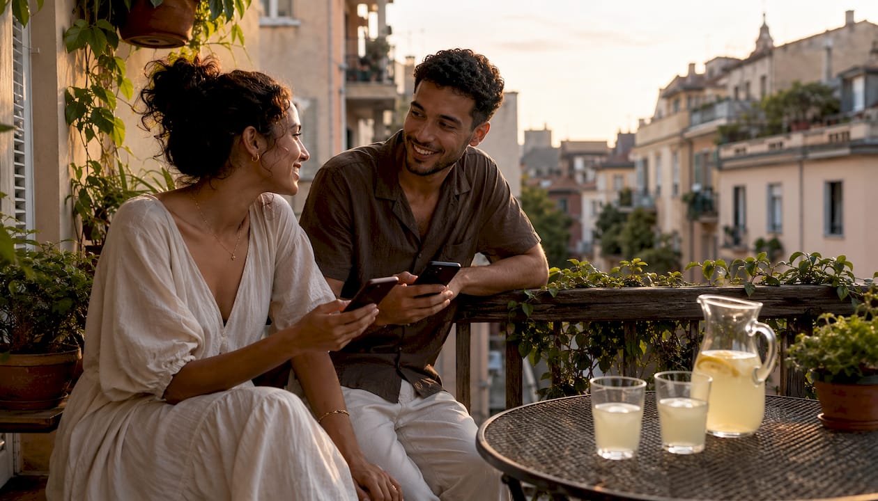 Couple texting on sofa to connect