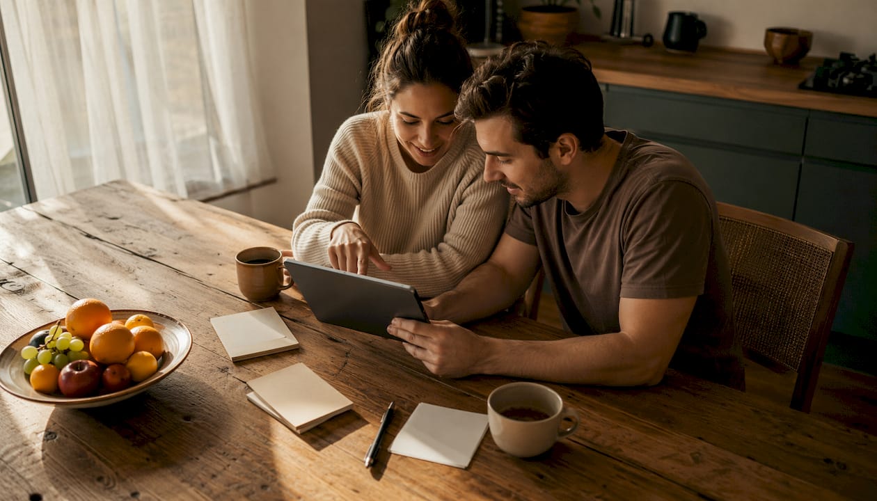 Busy couple reviewing relationship app at kitchen table