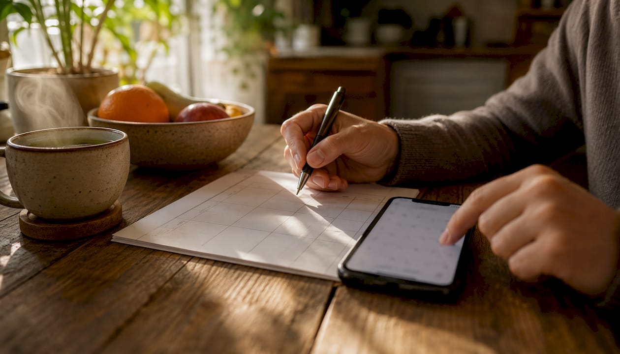 Hands planning weekly relationship meeting with phone nearby