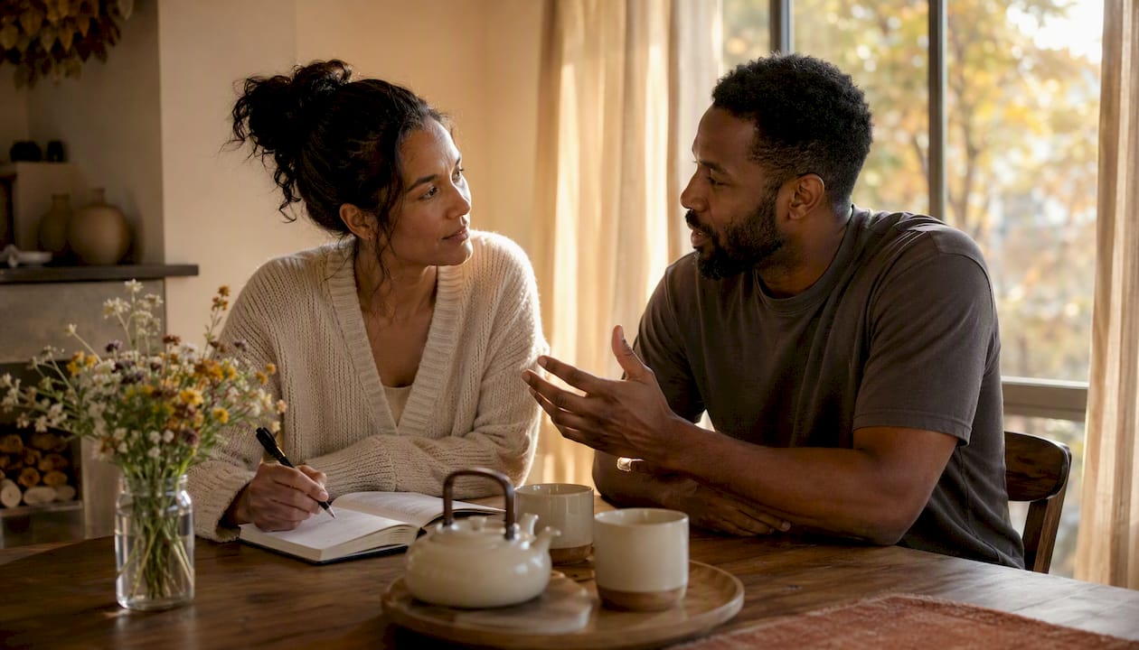 Couple communicating attentively at home