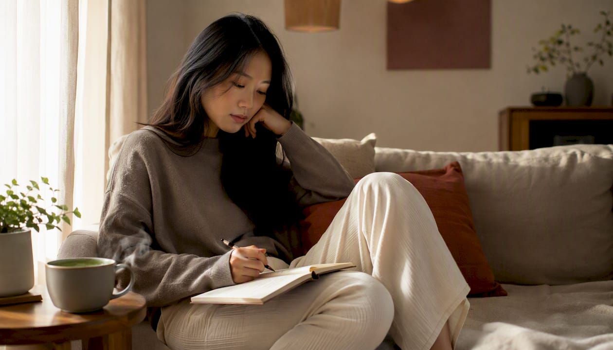 Woman journaling quietly by window
