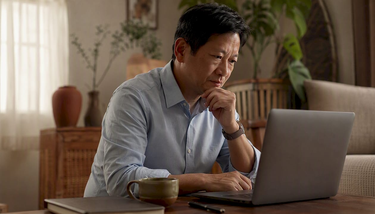 Man attentively listening during video call