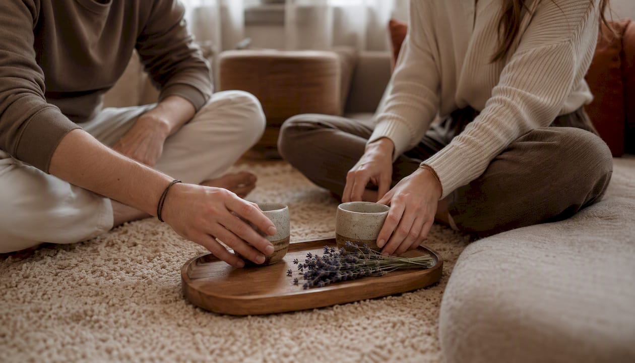 Hands placing tea cups on wooden tray