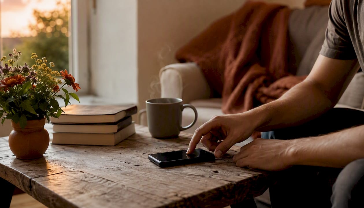 Hands tapping phone in warm cozy home nook