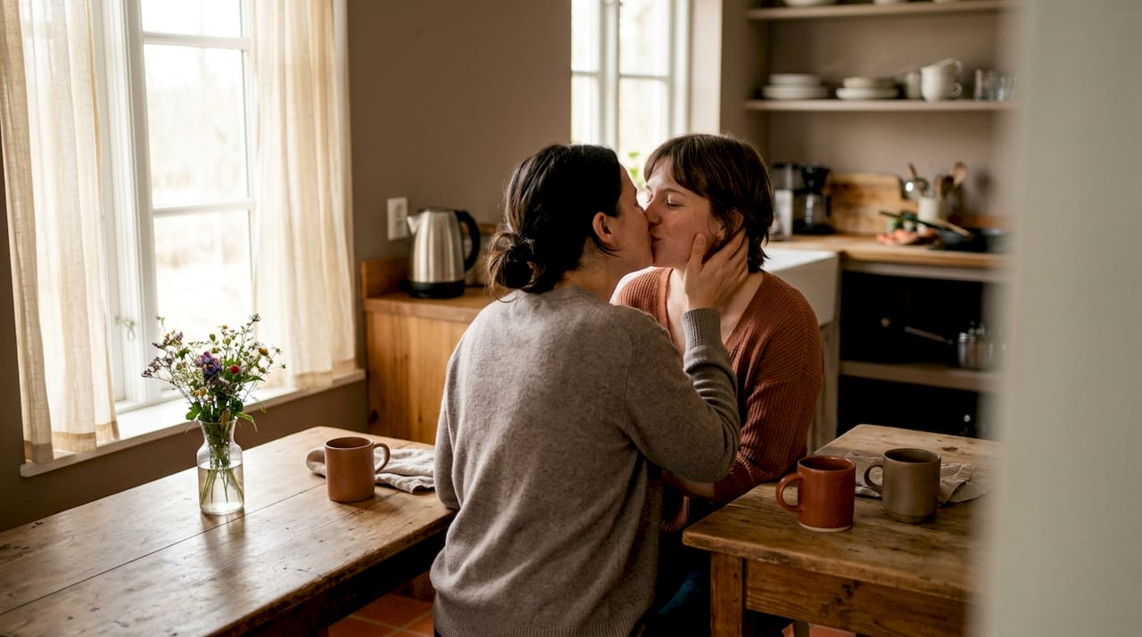 Couple sharing a six-second morning kiss