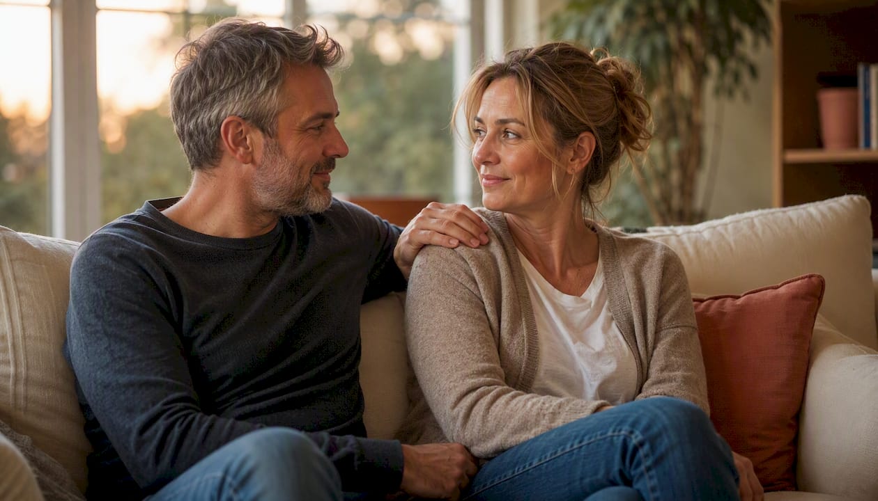 Couple sharing a subtle affectionate touch at home