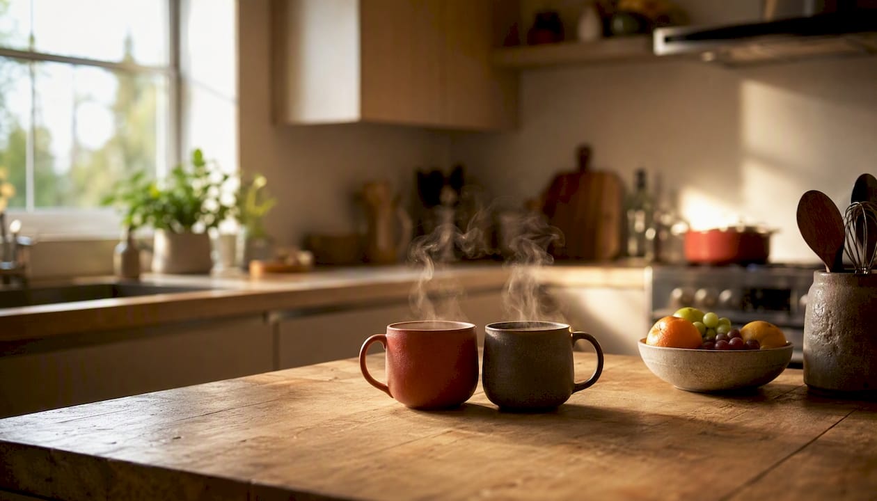 Two coffee mugs on kitchen table in morning light
