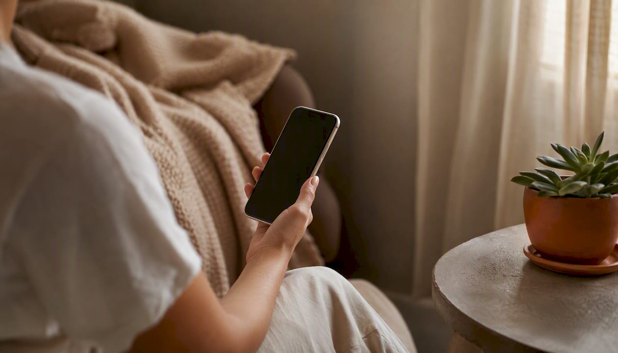 Hand holding smartphone with screen off near cup and plant