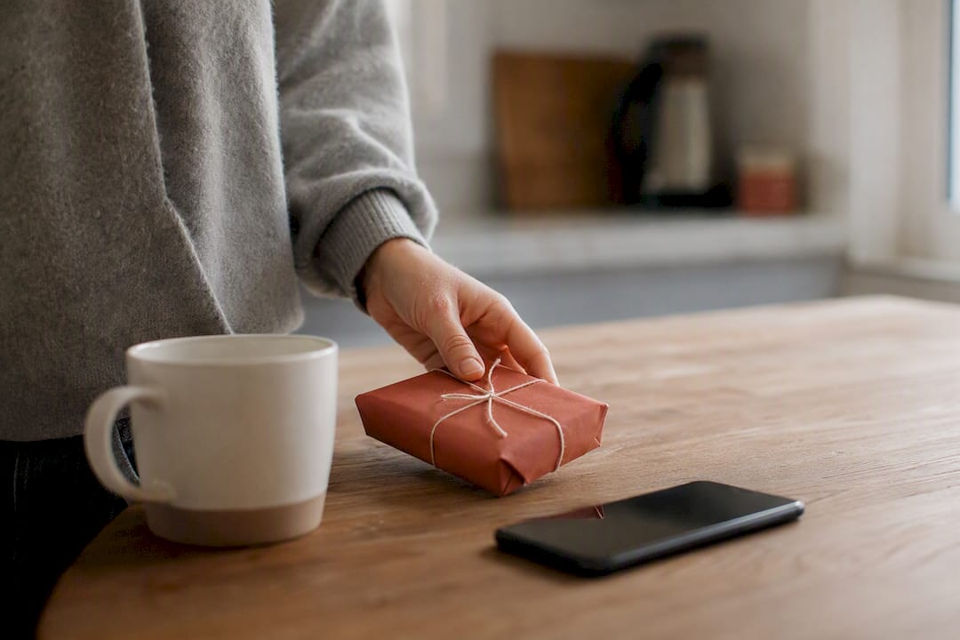 Hand placing token near morning coffee cup